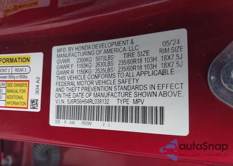 2024 Honda Cr-V Hybrid Sport z USA, uszkodzony, nr VIN 5J6RS6H54RL038132